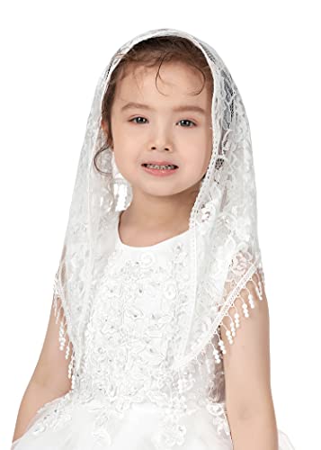 PAMOR Triangle First Communion Veils for Girls Lace Chapel Veil Mantilla Veils Latin Mass Church Veil for Catholic Baptism4