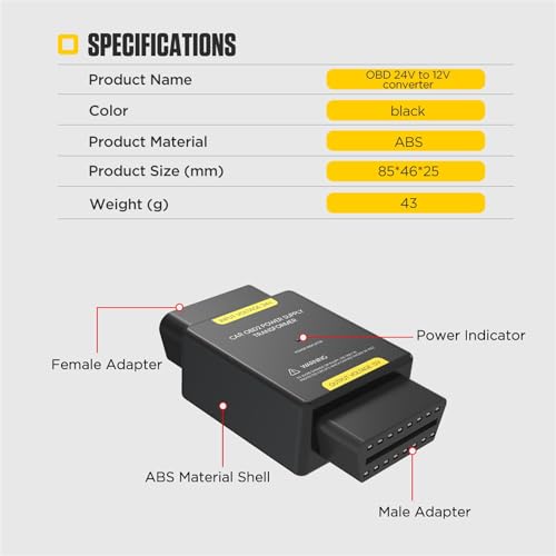 Image of 24V to 12V OBD2 Voltage Converter, 16-Pin Truck Scan Tool Adapter