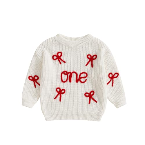 Toddler Baby Girl Sweater Bow Letter Embroidery Long Sleeve Pullovers Tops Kids Girl Birthday Clothes for Spring (White, 9-12 Months)