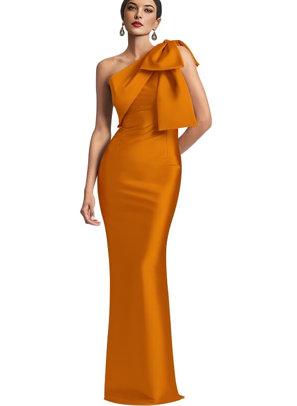 Image of IIF One Shoulder Bow Prom Dress for Women Mermaid Satin Formal Dresses Long Bodycon Evening Cocktail Gowns IIF043