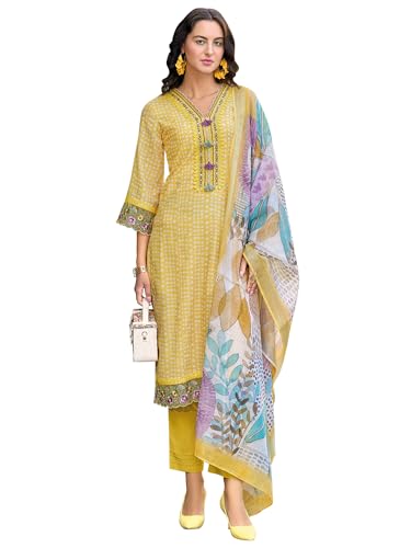 Image of INDO ERA Women's Straight Linen Floral Embroidered Kurta Pant with Dupatta Set (IEOUT9905)
