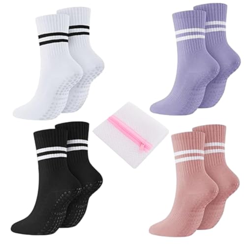 CARIAN Women's Anti-Slip Pilates & Yoga Grip Socks – 4-Color Pack + Bonus Mesh Laundry Bag