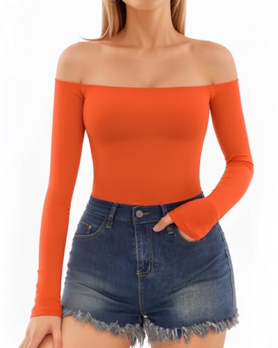 MANGOPOP Off The Shoulder Tops for Women Sexy Long Sleeve T Shirt Slim Fitted Tee Casual Blouse Going Out Tops