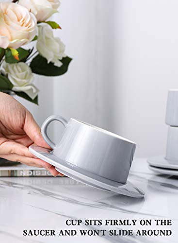 Kanwone Porcelain Stackable Cappuccino Cups with Saucers - 8 Ounce for Specialty Coffee Drinks, Cappuccino, Latte and Americano - Set of 4, Grey