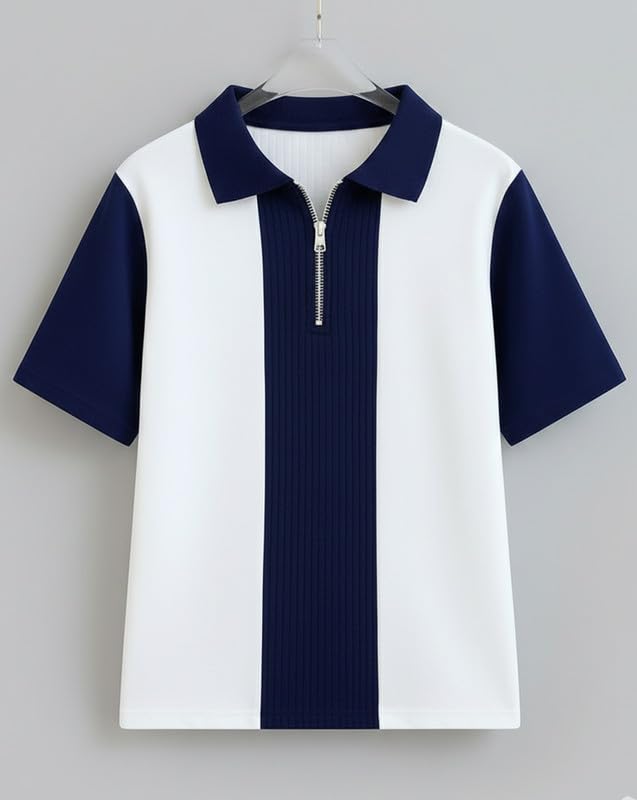 Image of AUSK Men's Textured Vertical Striped Knit Polo T-Shirt | Half Sleeve Zipper Neck Self-Design Casual Tee | Mens Tshirts
