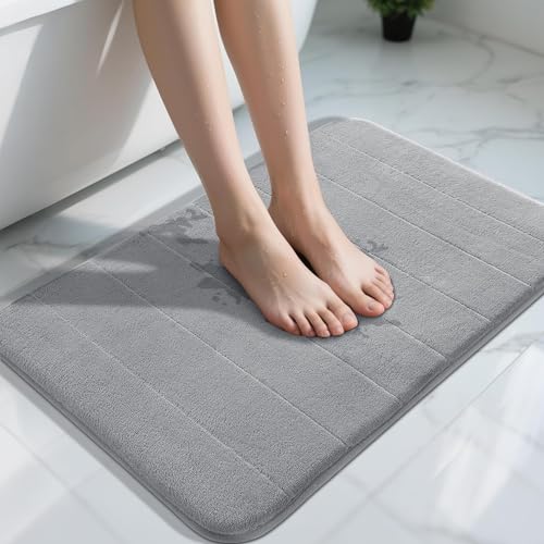 Yimobra Memory Foam Bath Mat, Super Soft Absorbent Bathroom Rug Non Slip 31.5×20 Inch, Quick Dry, Machine Washable Floor Carpet for Tub Shower, Home Decor Accessories, Gray