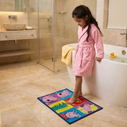 Image of Athom Living Peppa Pig Kids Bathmat - Multi-Colour Nylon, Anti-Skid with Durable Latex Backing, Fun Superhero Design, Easy to Clean, Perfect Entryway or Playroom Mat, 37x57 cm, Pack of 1