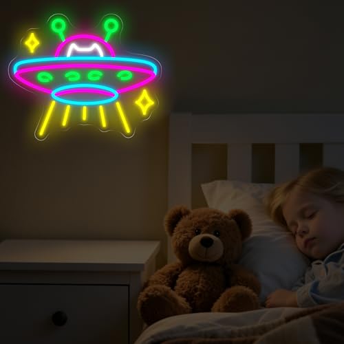 Image of UFO Neon Sign, UFO Cat Led Sign, Neon Led Wall Art, Game Room Neon Sign, Custom Neon Signs, Flying Saucer Bedroom Decor, Gift for Kids, 15.7 inchx13 inch