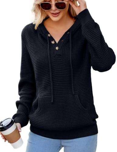 Image of CiCiBird Women's Fall Hoodies Sweater V Neck Waffle Knit Top with Pocket | Loose Fit, V Neck Button, Adjustable Drawstring, Long Sleeve, Kangaroo Pocket, Weekend Errands, Daily Wear, Work Casual