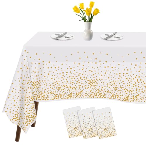 Image of Tablecloths for Rectangle Tables,3 Pack 54 inch X 108 inch Plastic Table Cloth Disposable Table Covers Engagement Party Decorations, White Gold Dot Tablecloths Disposable Tablecloth for Weddings Buffet Tables