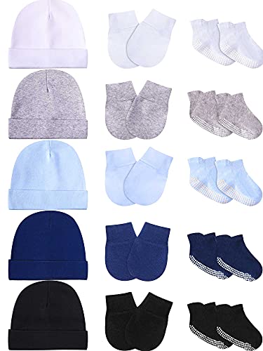 Image of Baby Hats Mittens and Socks Set Unisex Cotton Beanie Cap and Scratch Mitten Non-Slip Baby Ankle Socks for Boys and Girls