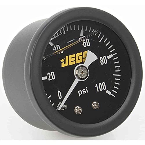 JEGS Fuel Pressure Gauge | 1.5” Diameter | Liquid Filled | 0-100 PSI | Black Dial | 1/8 “ NPT Male Fitting | Black Case & Bezel