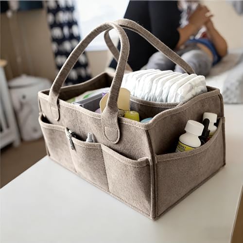 Diaper Caddy Organizer, Nursery Storage Bin Basket with Handle, Felt Diaper Organizer Suitable for Indoor Outdoor, Khaki - 3