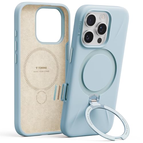 TORRAS Liquid Silicone for iPhone 16 Pro Case with 360 Spin Magnetic Stand with Camera Control, Fit for MagSafe, OStand Q3 Silicone Non-Slip Rubber Protective Case for iPhone 16 Pro, Baby Blue