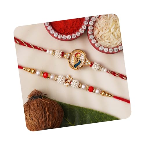 Image of eCraftIndia Set of 2 Yellow, White & Maroon Designer Diamond Rakhis with Roli Chawal Pack