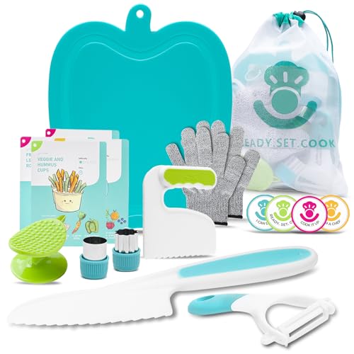 Image of Tovla Jr Kids Montessori Cooking Tools Set - Kid Safe Kitchen Knives Gift Set - Childrens' Knife, Toddler Chopper, Vegetable Peeler ,Gloves,Cutting Board, Recipes and More