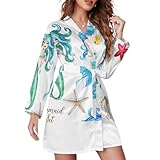 Women Kimono Polyester Robe, Long Sleeved Wedding Bride Bridesmaid Party Dressing Gown Pajamas Sleepwear Bathrobe L Print Set of Fairy Tale Turquoise Girl with Mermaid Tails, Starfishes