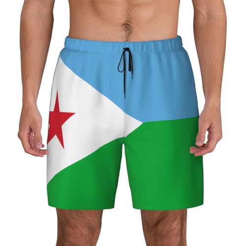 Flag of Djibouti Print Men's Casual Swim Shorts, Comfortable Double Layer Beach Trunks for Lounging & Swimming