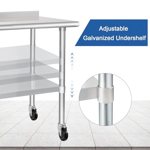 Image of HARDURA Stainless Steel Table 30 x 48 Inches with Wheels Casters NSF Heavy Duty Commercial Prep Table with 2 inch Backsplash and Adjustable Undershelf for Restaurant Kitchen Home and Hotel