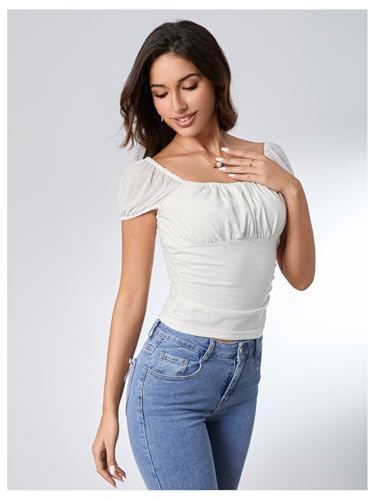 SweatyRocks Women's Ruched Square Neck T Shirt Cap Short Sleeve Slim Fitted Casual Tee Tops4