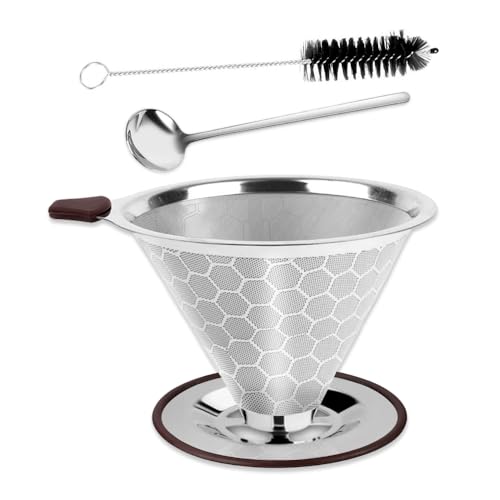 Bieiyhe Filtro Cafe Reutilizable, Filtro de Cafe Permanente, Coffee Filter Metal, Colador de Cafe Inox, Filtros Cafetera Goteo,Filtro de Café Sin Papel de Goteo Lento con Cuchara y Cepillo de Limpieza