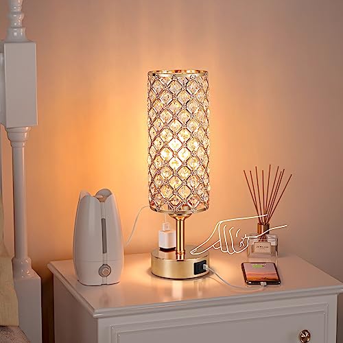 Image of Hong-in Gold Lamps Set of 2, Dimmable Gold Lamps for Nightstand with USB-C+A & AC Charging Ports, 3-Way USB Crystal Lamp, Bedside Desk Light for Bedroom Living Room Home Office(Bulb Included)