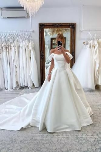 A Line Off Shoulder Satin Wedding Dresses for Bride Long Bridal Gowns for Women with Sweep Train3