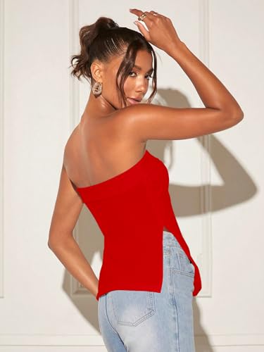 Image of Aahwan Women Polyester Slim Fit White Solid Split Strapless Hem Tube Top with Side Slit Crop Top