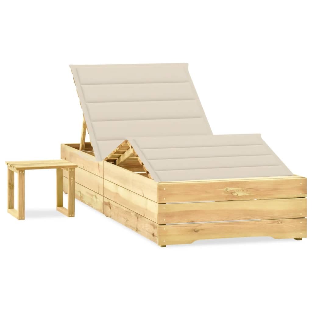 Leżak ogrodowy ze stołem i nakładką z drewna sosnowego, impregnowany, regulowane oparcie i podnóżek, 198 x 90 x 30 do 75 cm, na taras, balkon, basen i plażę