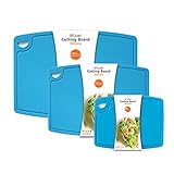 Liflicon Silicone Thick Cutting Boards Mats Set of 3pcs Foldable & Flexible Design Juice Grooves Easy Grip Handle Dishwasher Safe for Kitchen,BPA free Chif-Blue