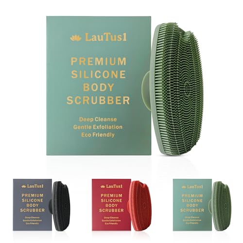 LauTus1 Silicone Body Scrubber - Gentle Exfoliating Shower Brush with Suction Cup & Hook Soft Loofah Alternative for Men Women All Skin Types - Sage Green