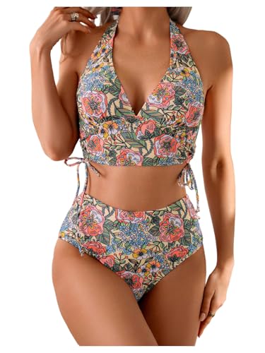 Women's 2 Piece Tropical Floral Tankini Swimsuits Halter Drawstring High Waisted Bathing Suit