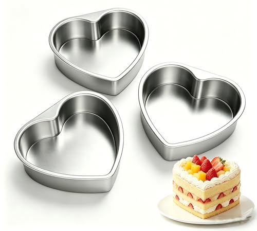 YWWQYBYQ 8 Inch Heart Cake Pan - 3 Pack Aluminum Heart Shaped Baking Pans for Valentines Day Wedding Birthday Party - Nonstick Cake Mold for Oven DIY Desserts