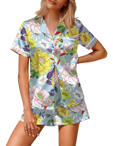 Image of Ekouaer Silk Satin Pajamas 2 Piece Pajamas for Women Set Button Down PJ Short Sleeve and Shorts Pjs Lounge Sets
