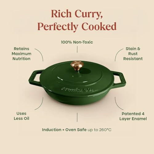 Image of CUMIN CO. Cast Iron Braiser | 26cm, 2.5L (Serves 5-6) | Non Toxic Cooking Pot with Lid | Patented Enamel Coating | FDA Compliant | Induction & Oven Safe | Color: Rust