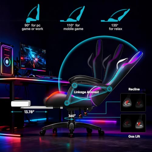 Image of Czlolo Gaming Chair, Racing Style RGB LED Lights Gaming Chairs for Adults and Kids, Lumbar Massager Gamer Chair, High Back Reclining Computer Chair with Footrest and Headrest (Black /White)