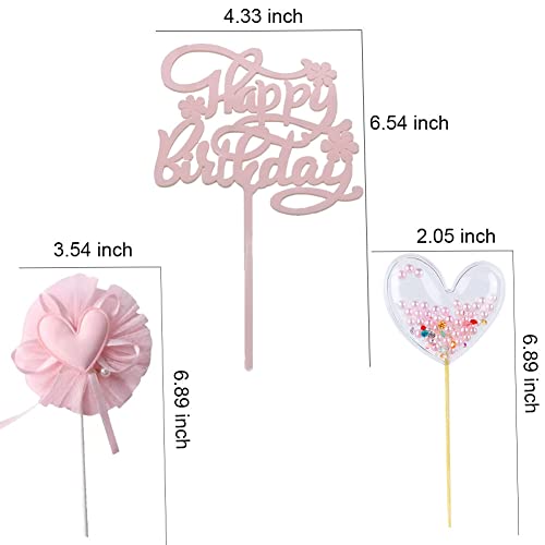 Memovan Pink Heart Happy Birthday Cake Topper 5Pcs, Pink Birthday Cake Topper, Lovely Heart Cake Cupcake Toppers Picks, Pink Cake Decorations For Girl Pink Theme Birthday Baby Shower Party Supplies #TOP1