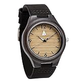 treehut Mens Ebony Wooden Watch with Genuine Black Leather Strap Quartz Analo.