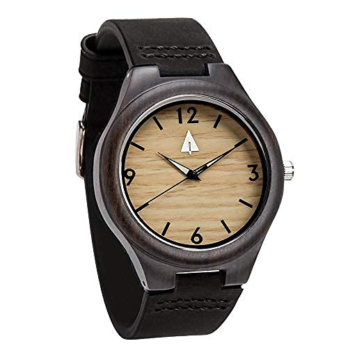 Treehut Mens Ebony Wooden Watch With Genuine Black Leather Strap Quartz Analo. #TOP8