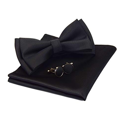 Image of GUSLESON Mens Solid Color Two Layer Pre-tied Bow Tie and Pocket Square Cufflink Set with Gift Box