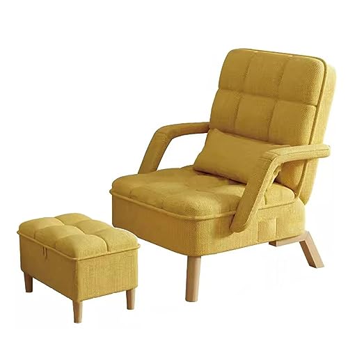 Moderno sillón reclinable amarillo con cojines suaves, sillón reclinable y otomano tapizado para sala de estar con almohada y patas de madera para relajarse