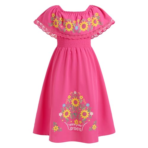 IKADEX Girls Mexican Floral Dress Off Shoulder Sunflower Print Party Cinco de Mayo Dresses3