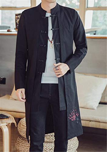 Image of HZCX FASHION Men's Vintage Cotton Linen Stand Collar Frog-Button Trench Coats
