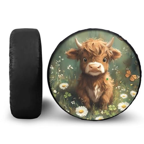 Image of Pensura Cute Highland Cow Butterfly Spare Tire Cover, Camper Spare Tire Cover,Waterproof Polyester Wheel Protectors Wheel Covers 14-19 inch Camper Wheel Protectors