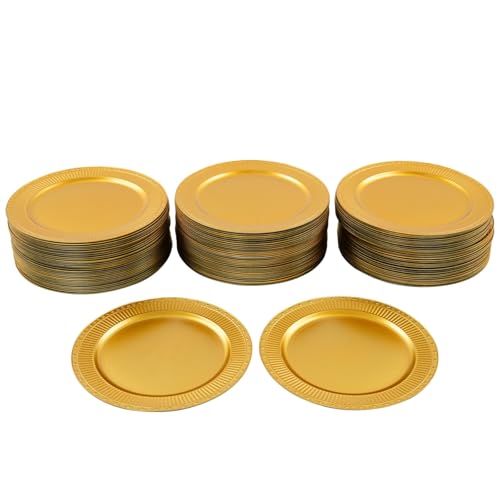 100 Platos Cargadores Redondos de Plástico Dorados 13 Pulgadas miniatura 1
