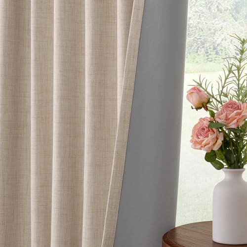 Image of INOVADAY 100% Blackout Curtains for Bedroom, Oatmeal Black Out Curtains 90 Inch Long, Clip Rings Linen Blackout Drapes, Thermal Insulated Room Darkening for Living Room, 1 Panel - W102xL90