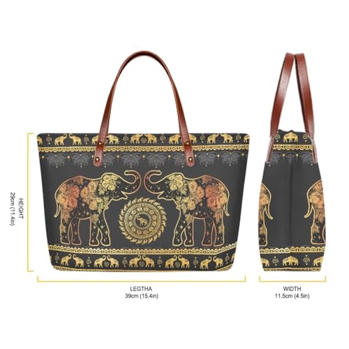 Image of Boho Elephant Top Handle Purse With Wallet for Women, Large Tote Bag Satchel With PU Cosmetic Case, Lightweight Handbag Set for Working, Shopping, Travel, Gold and Black