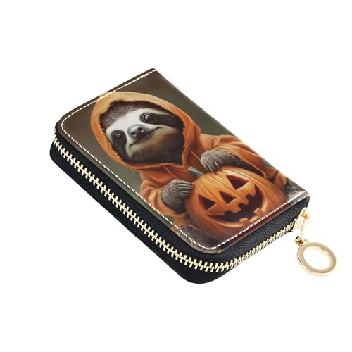 Small Women's Wallet Credit Card Holder RFID Blocking Zip Around Coin Change Purse with Zipper Sloth Halloween Pumpkin Cute