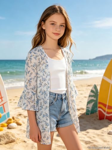 Image of GORLYA Girl's Floral Print Chiffon Beach Cardigan Cover ups Kids Casual Kimono Capes Swimsuit Wraps