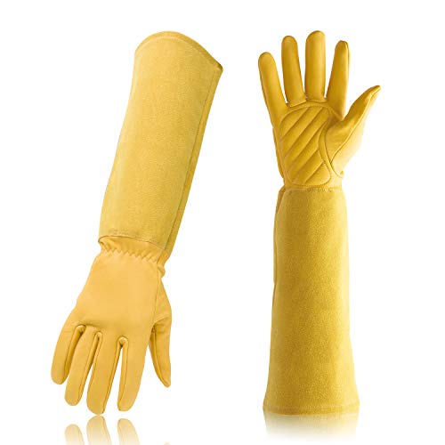 Gartenhandschuhe, professionell, Rosenschnitt, Dorn- und Schnittfest, mit langem Unterarmschutz für Damen/Herren, strapazierfähig, dickes Rindsleder, Arbeits-Gartenhandschuhe, gelb, Small Cover